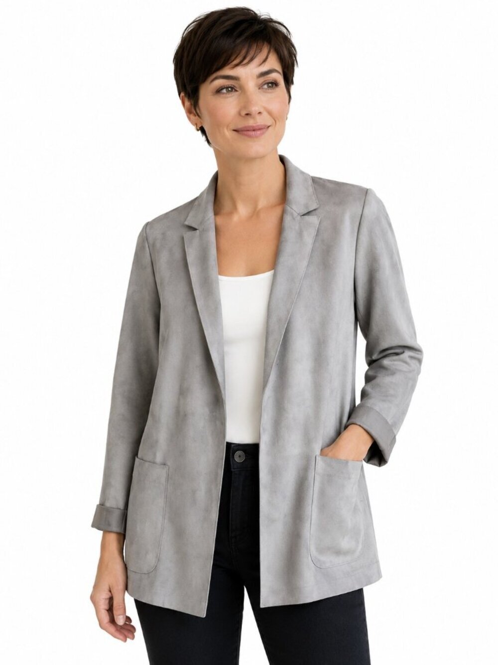 Joan Vass Grey Faux Leather Suede Raw Edge Open Jacket XS